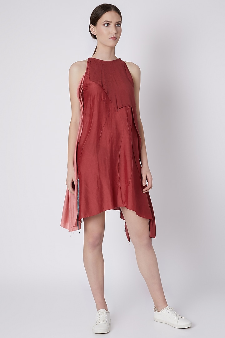 Red Handwoven Dress With Assymetrical Hemline by House of Sohn