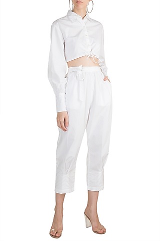 White Elasticated Tie-Up Pants by House of Sohn