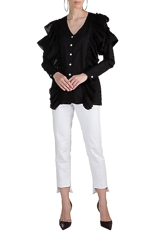 Black Button Down Ruffle Shirt by House of Sohn