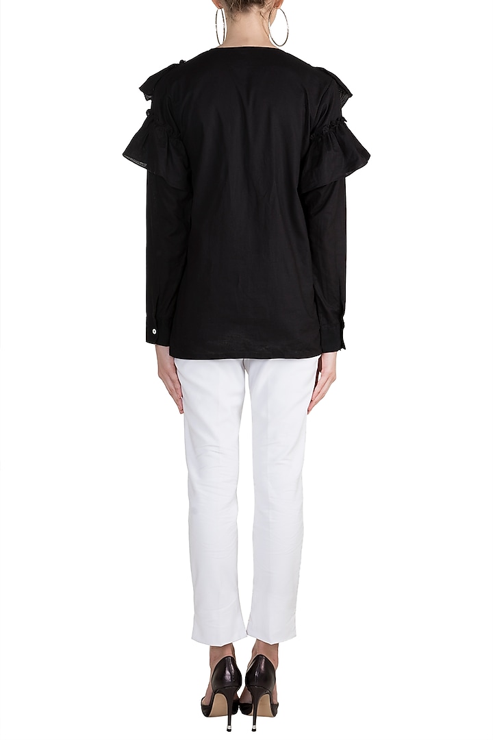Black Button Down Ruffle Shirt by House of Sohn at Pernia's Pop Up Shop