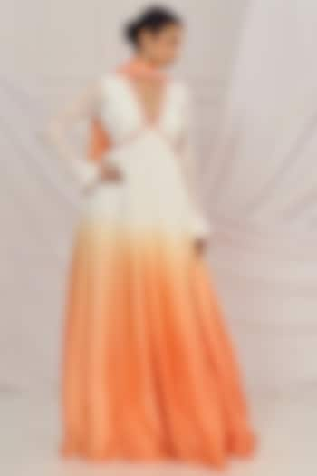 White & Peach Ombre Chinon Mirror Work Anarkali Set by Harshita Singhvi at Pernia's Pop Up Shop