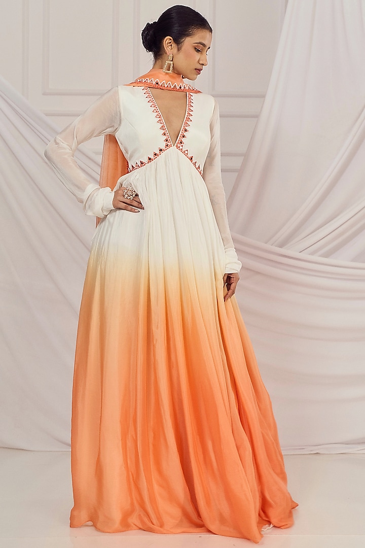 White & Peach Ombre Chinon Mirror Work Anarkali Set by Harshita Singhvi at Pernia's Pop Up Shop