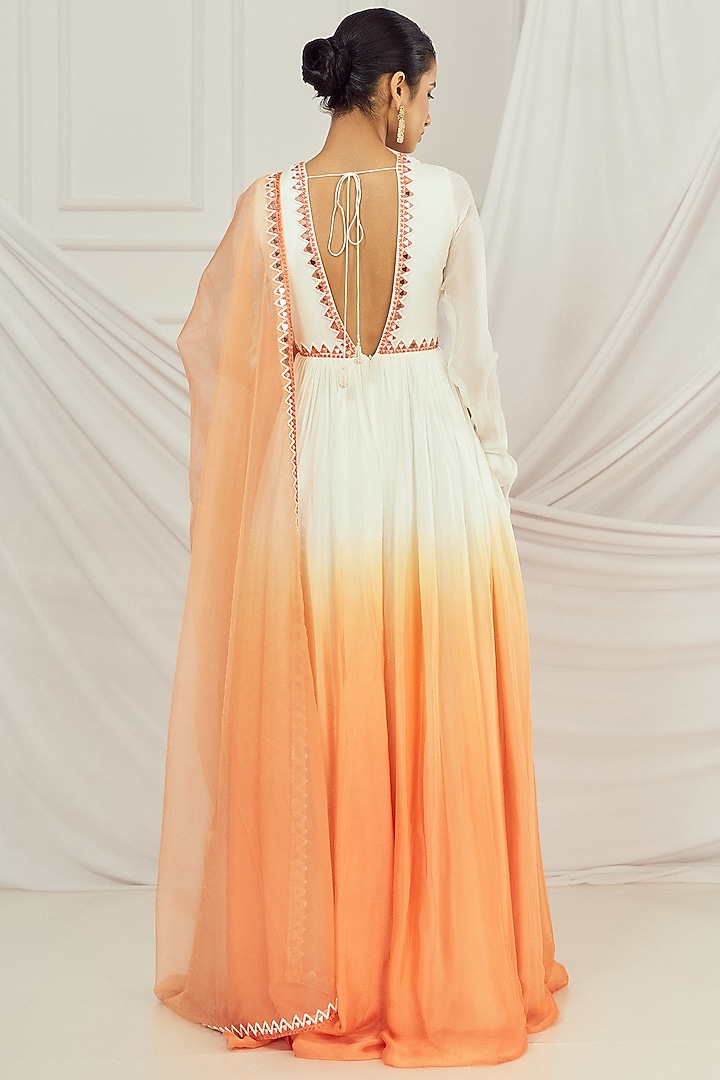 White & Peach Ombre Chinon Mirror Work Wedding Anarkali Set by Harshita Singhvi at Pernia's Pop Up Shop