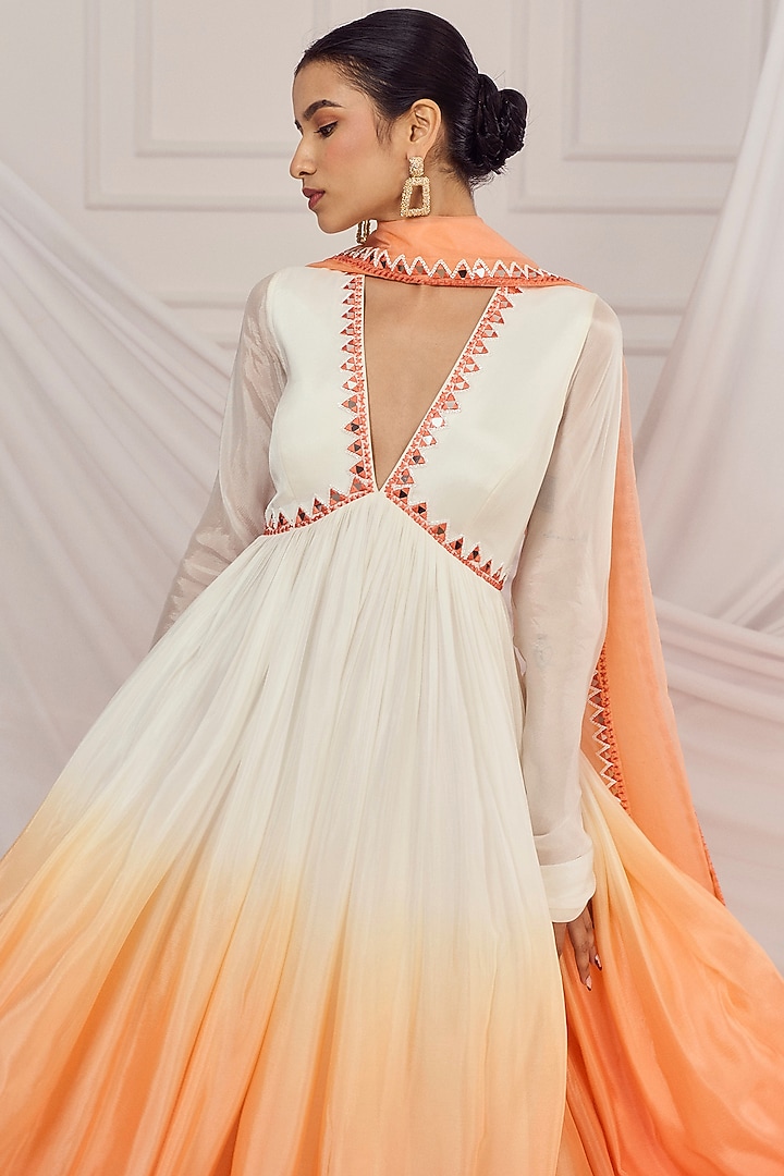 White & Peach Ombre Chinon Mirror Work Wedding Anarkali Set by Harshita Singhvi at Pernia's Pop Up Shop