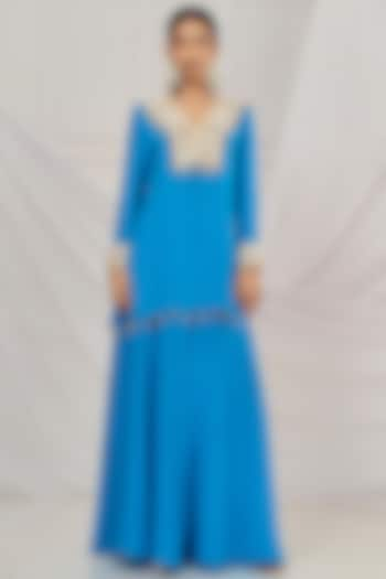 Teal Blue Crepe Flared Palazzo Pant Set by Harshita Singhvi at Pernia's Pop Up Shop