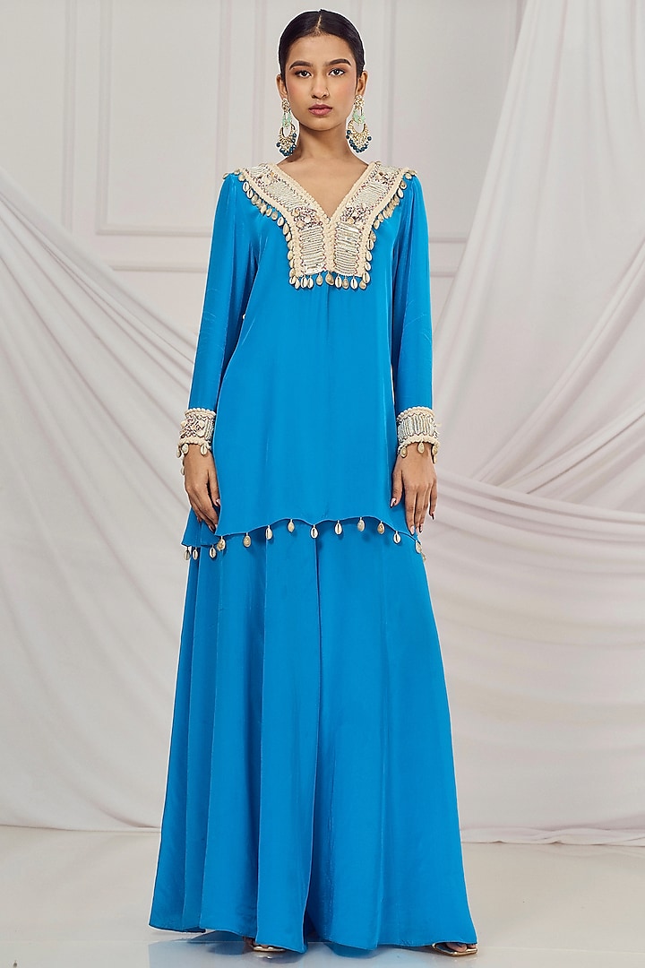 Teal Blue Crepe Flared Palazzo Pant Set by Harshita Singhvi at Pernia's Pop Up Shop