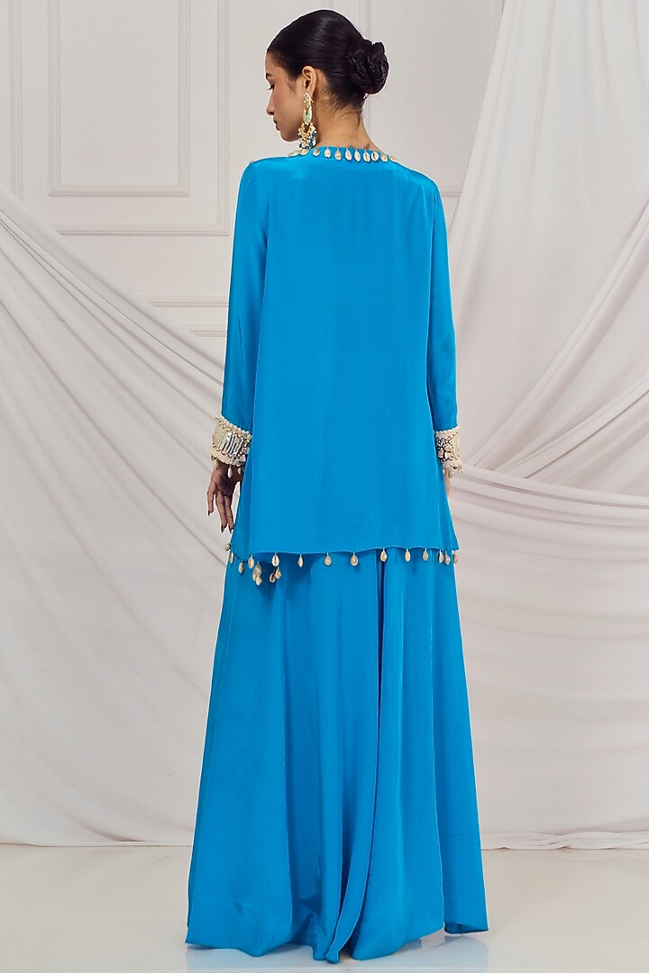 Teal Blue Crepe Flared Palazzo Pant Set by Harshita Singhvi at Pernia's Pop Up Shop