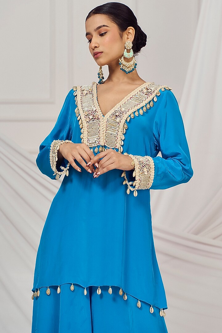 Teal Blue Crepe Flared Palazzo Pant Set by Harshita Singhvi at Pernia's Pop Up Shop