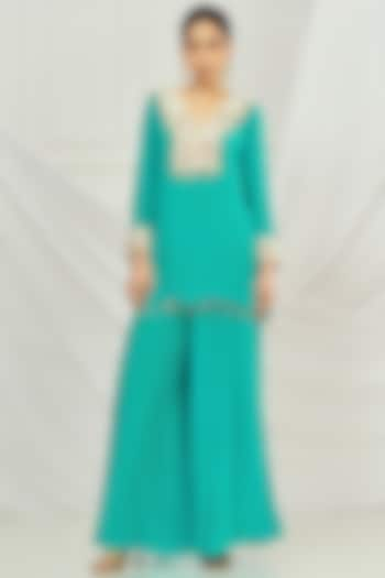 Rama Green Crepe Flared Palazzo Pant Set by Harshita Singhvi at Pernia's Pop Up Shop