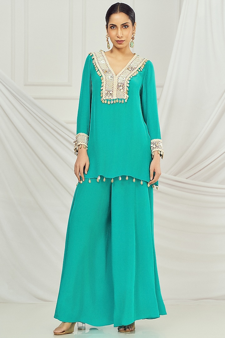 Rama Green Crepe Flared Palazzo Pant Set by Harshita Singhvi at Pernia's Pop Up Shop