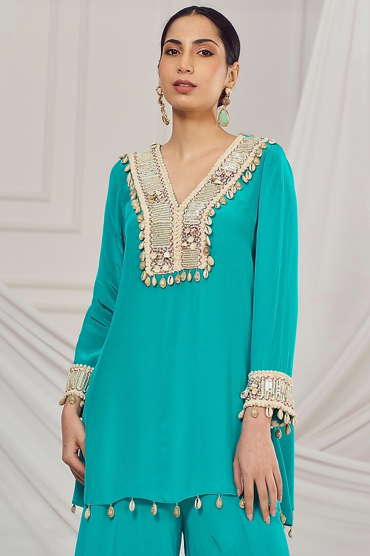Rama Green Crepe Flared Palazzo Pant Set by Harshita Singhvi at Pernia's Pop Up Shop