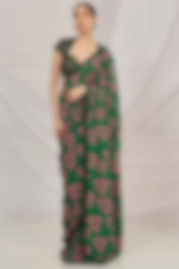 Dark Green Georgette Printed & Embroidered Saree Set by Harshita Singhvi at Pernia's Pop Up Shop