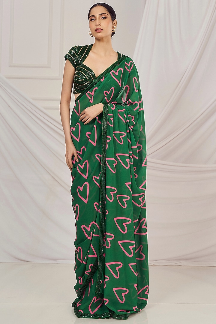 Dark Green Georgette Printed & Embroidered Saree Set by Harshita Singhvi at Pernia's Pop Up Shop