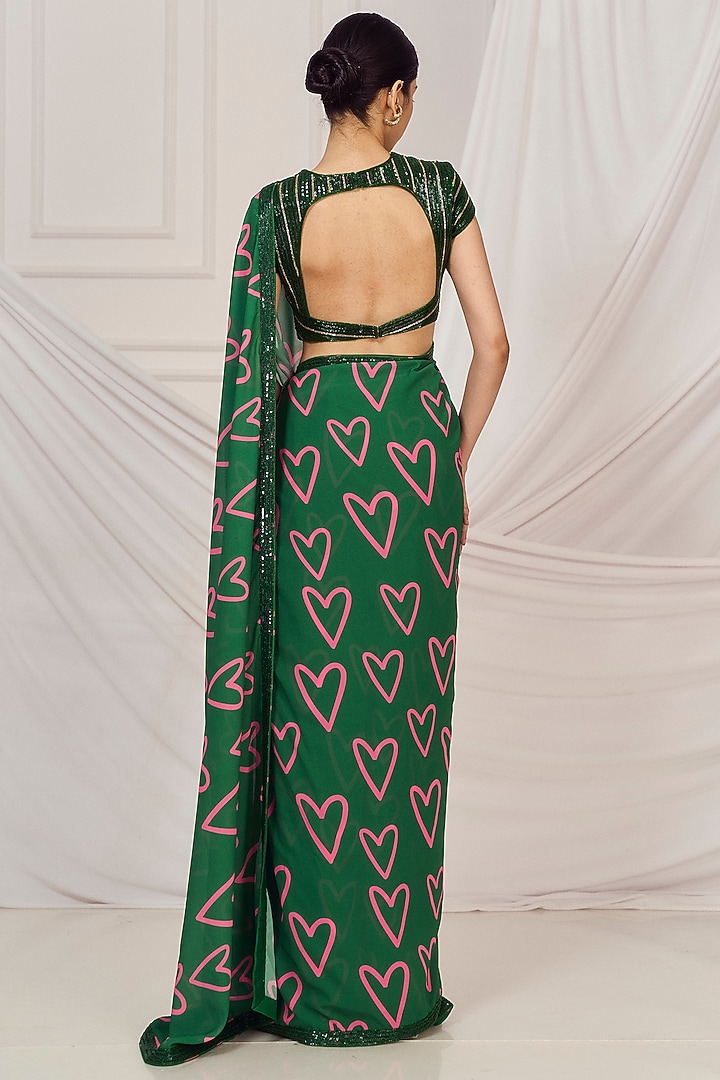 Dark Green Georgette Printed & Embroidered Wedding Saree Set by Harshita Singhvi at Pernia's Pop Up Shop
