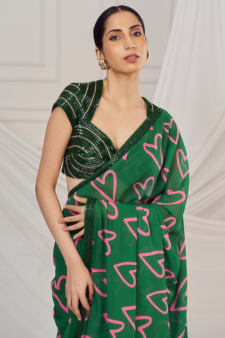 Dark Green Georgette Printed & Embroidered Wedding Saree Set by Harshita Singhvi at Pernia's Pop Up Shop