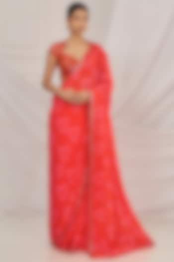 Red Georgette Printed & Embroidered Saree Set by Harshita Singhvi at Pernia's Pop Up Shop