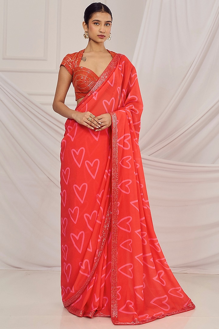 Red Georgette Printed & Embroidered Saree Set by Harshita Singhvi at Pernia's Pop Up Shop