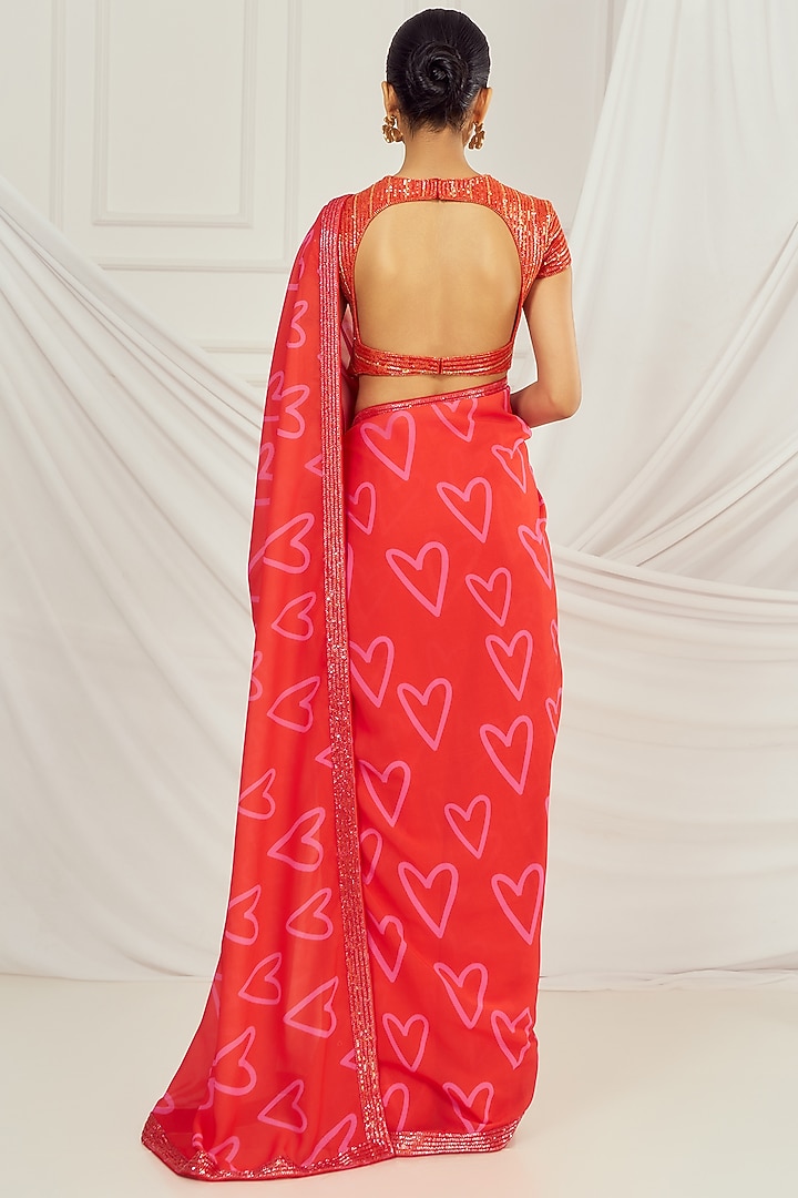 Red Georgette Printed & Embroidered Wedding Saree Set by Harshita Singhvi at Pernia's Pop Up Shop