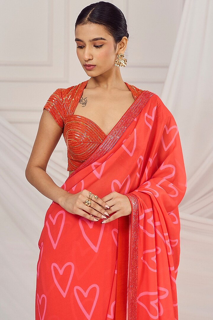 Red Georgette Printed & Embroidered Wedding Saree Set by Harshita Singhvi at Pernia's Pop Up Shop