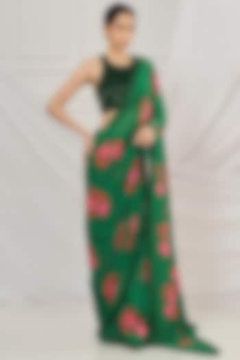 Dark Green Georgette Floral Printed & Embroidered Saree Set by Harshita Singhvi at Pernia's Pop Up Shop