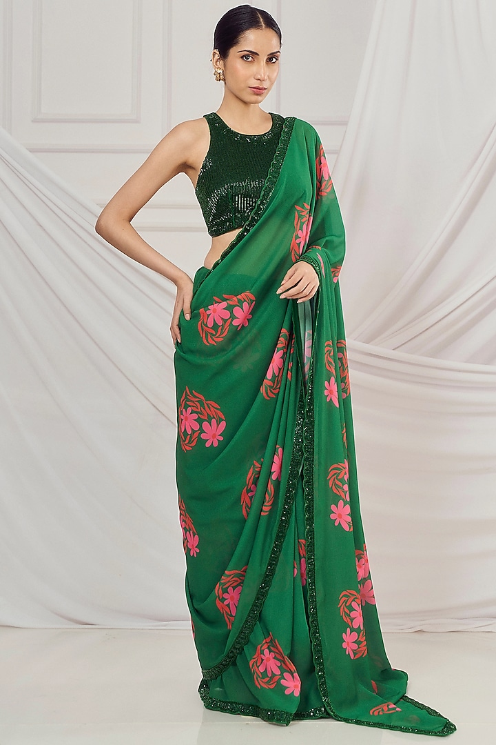 Dark Green Georgette Floral Printed & Embroidered Saree Set by Harshita Singhvi at Pernia's Pop Up Shop