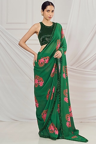 Dark Green Georgette Floral Printed & Embroidered Saree Set by Harshita Singhvi