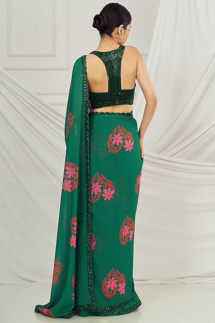Dark Green Georgette Floral Printed & Embroidered Wedding Saree Set by Harshita Singhvi at Pernia's Pop Up Shop