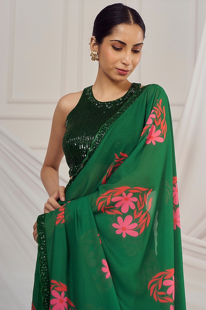Dark Green Georgette Floral Printed & Embroidered Wedding Saree Set by Harshita Singhvi at Pernia's Pop Up Shop
