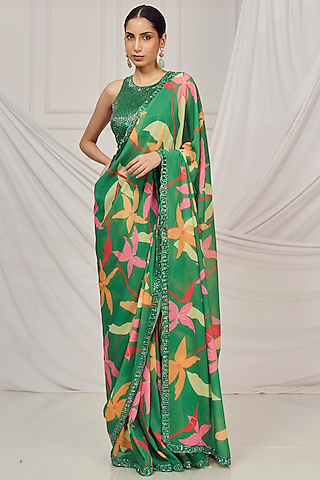 Leaf Green Georgette Floral Printed Saree Set by Harshita Singhvi