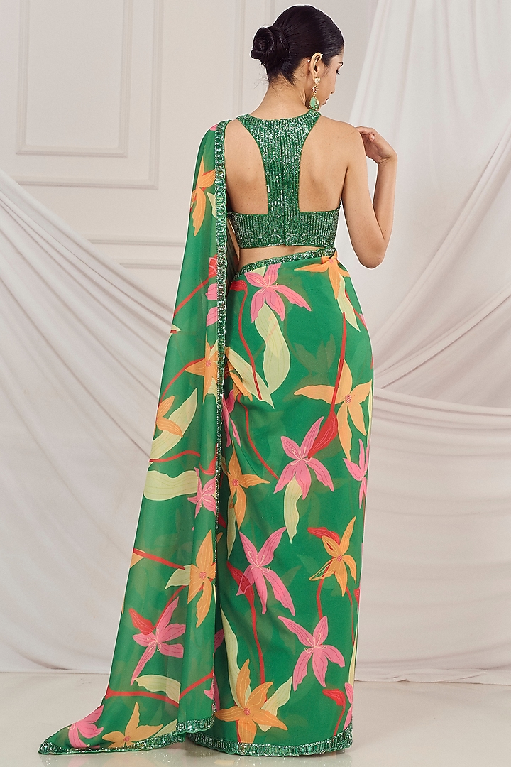 Leaf Green Georgette Floral Printed Wedding Saree Set by Harshita Singhvi at Pernia's Pop Up Shop