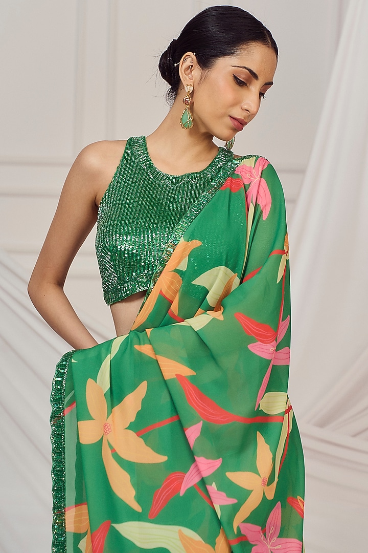 Leaf Green Georgette Floral Printed Wedding Saree Set by Harshita Singhvi at Pernia's Pop Up Shop