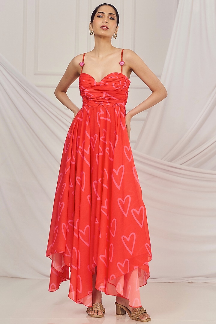 Red Georgette Printed & Embroidered High-Low Strappy Dress by Harshita Singhvi at Pernia's Pop Up Shop