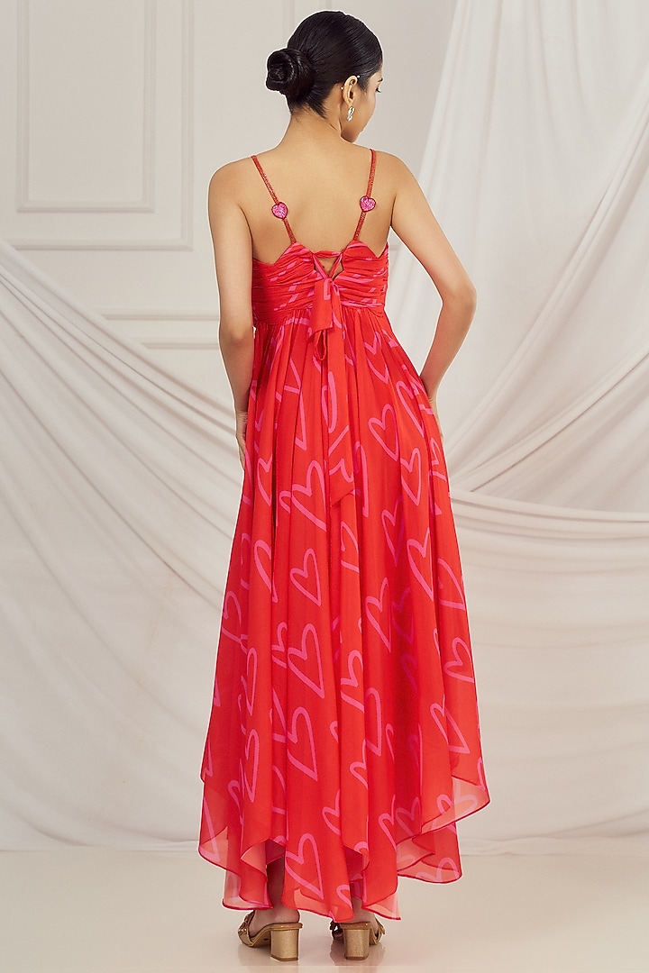 Red Georgette Printed & Embroidered High-Low Strappy Vacation Dress by Harshita Singhvi at Pernia's Pop Up Shop