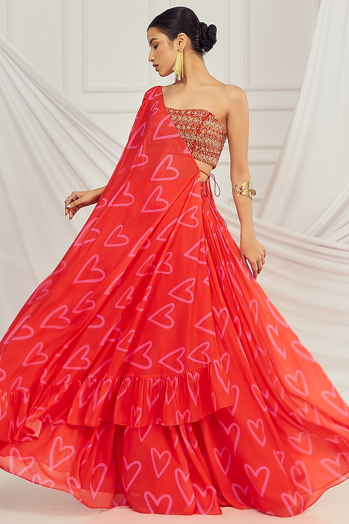 Red Georgette Printed Jacket Wedding Lehenga Set by Harshita Singhvi at Pernia's Pop Up Shop