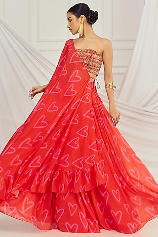 Red Georgette Printed Jacket Lehenga Set by Harshita Singhvi