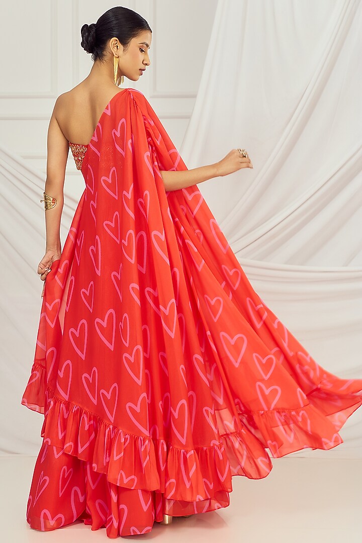 Red Georgette Printed Jacket Wedding Lehenga Set by Harshita Singhvi at Pernia's Pop Up Shop