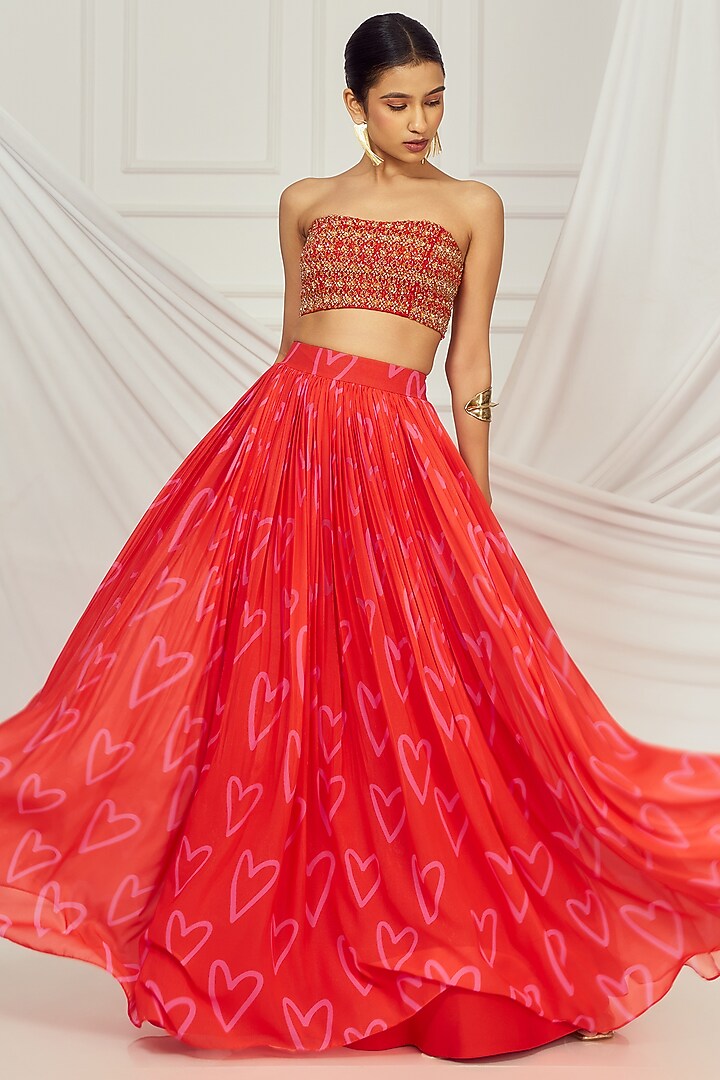 Red Georgette Printed Jacket Wedding Lehenga Set by Harshita Singhvi at Pernia's Pop Up Shop