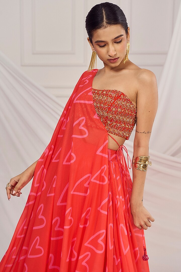 Red Georgette Printed Jacket Wedding Lehenga Set by Harshita Singhvi at Pernia's Pop Up Shop