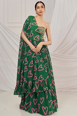 Dark Green Georgette Printed Jacket Lehenga Set by Harshita Singhvi