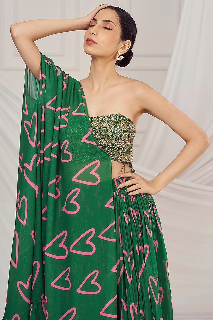 Dark Green Georgette Printed Jacket Wedding Lehenga Set by Harshita Singhvi at Pernia's Pop Up Shop