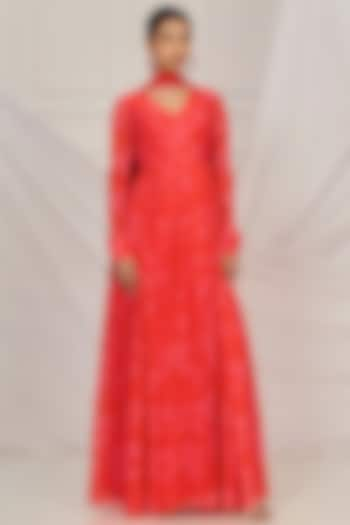 Red Georgette Printed & Embroidered Anarkali Set by Harshita Singhvi at Pernia's Pop Up Shop