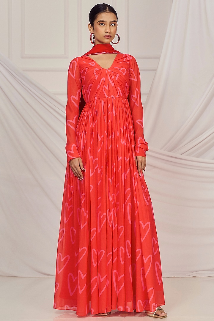 Red Georgette Printed & Embroidered Anarkali Set by Harshita Singhvi at Pernia's Pop Up Shop