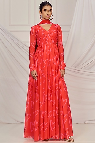 Red Georgette Printed & Embroidered Anarkali Set by Harshita Singhvi