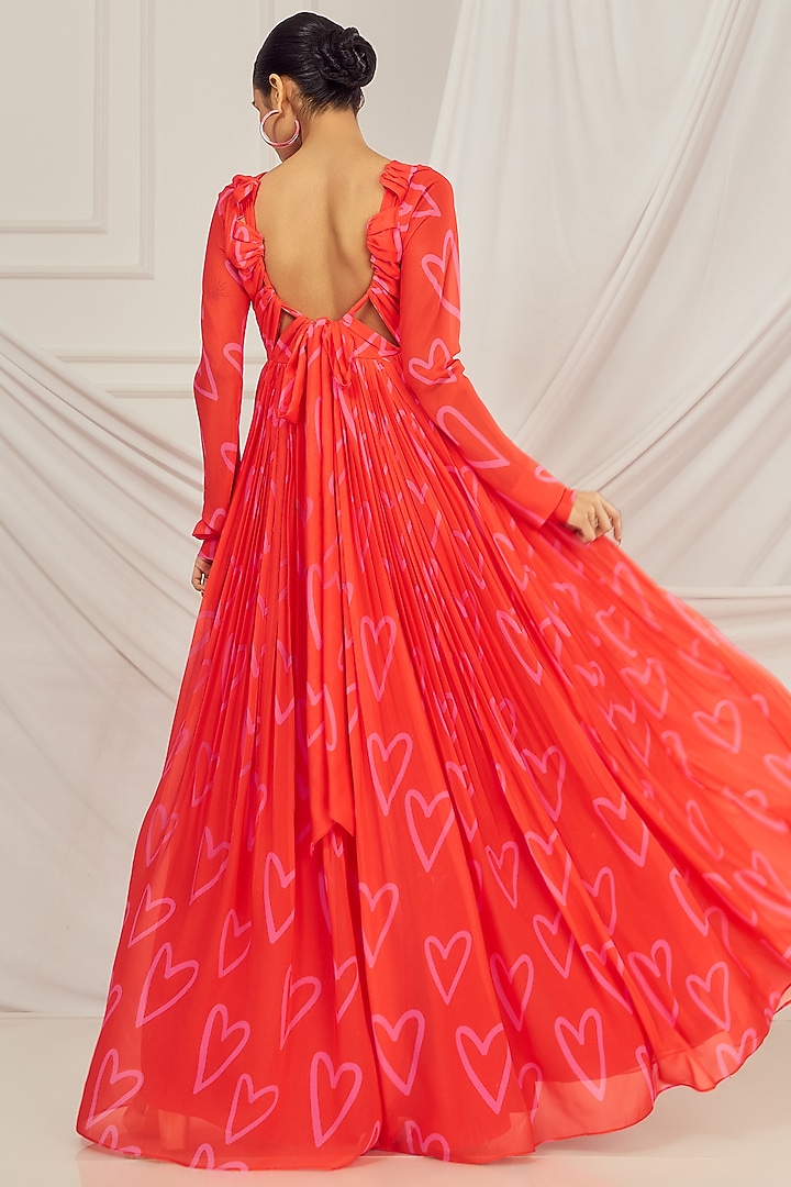 Red Georgette Printed & Embroidered Wedding Anarkali Set by Harshita Singhvi at Pernia's Pop Up Shop