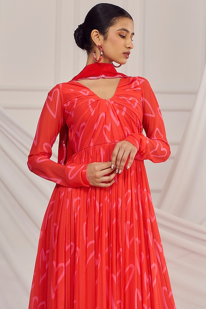 Red Georgette Printed & Embroidered Wedding Anarkali Set by Harshita Singhvi at Pernia's Pop Up Shop