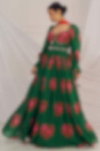 Dark Green Georgette Floral Printed & Salli Embroidered Anarkali Set by Harshita Singhvi at Pernia's Pop Up Shop