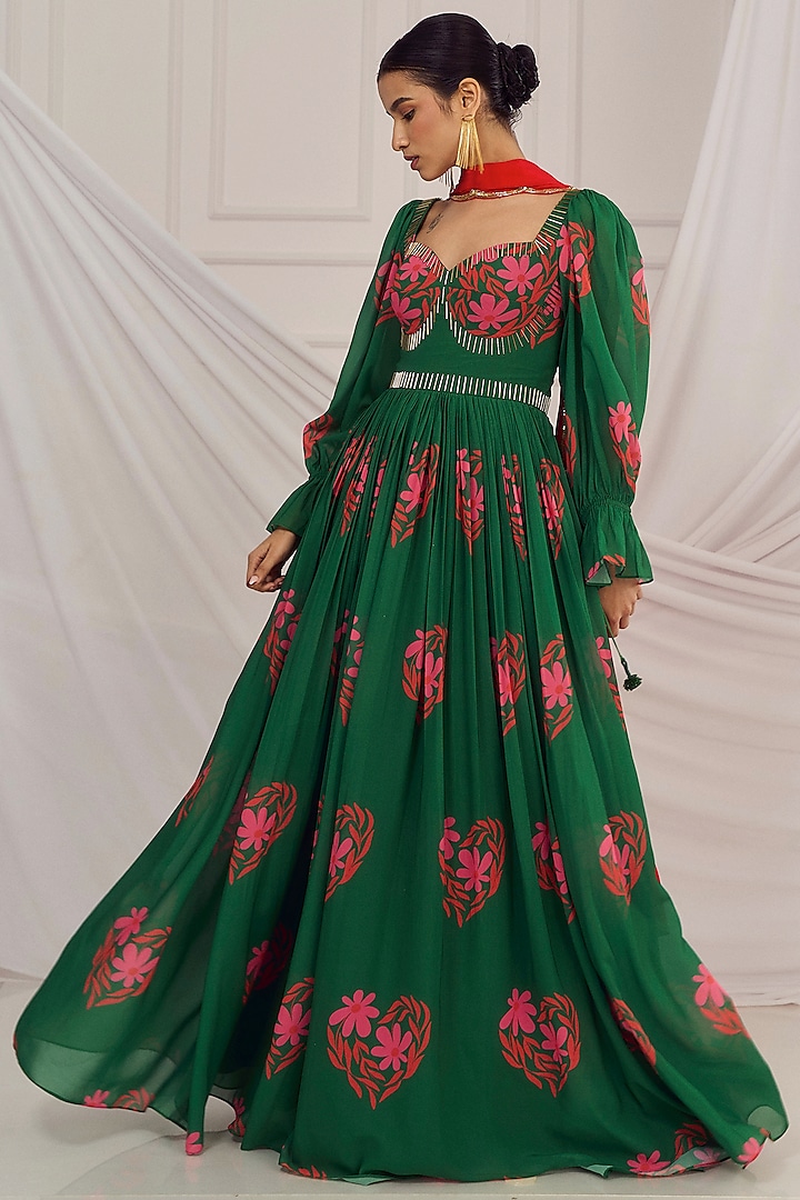 Dark Green Georgette Floral Printed & Salli Embroidered Anarkali Set by Harshita Singhvi at Pernia's Pop Up Shop