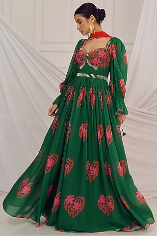 Dark Green Georgette Floral Printed & Salli Embroidered Anarkali Set by Harshita Singhvi