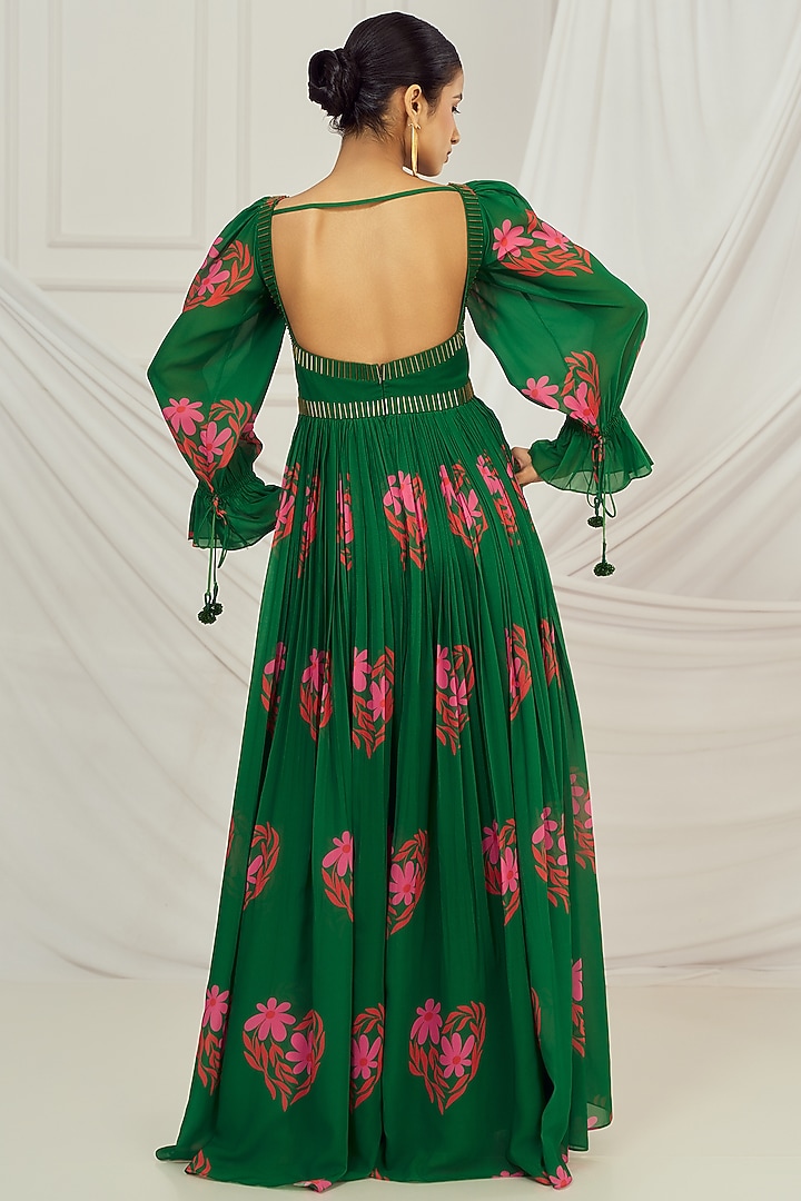 Dark Green Georgette Floral Printed & Salli Embroidered Wedding Anarkali Set by Harshita Singhvi at Pernia's Pop Up Shop