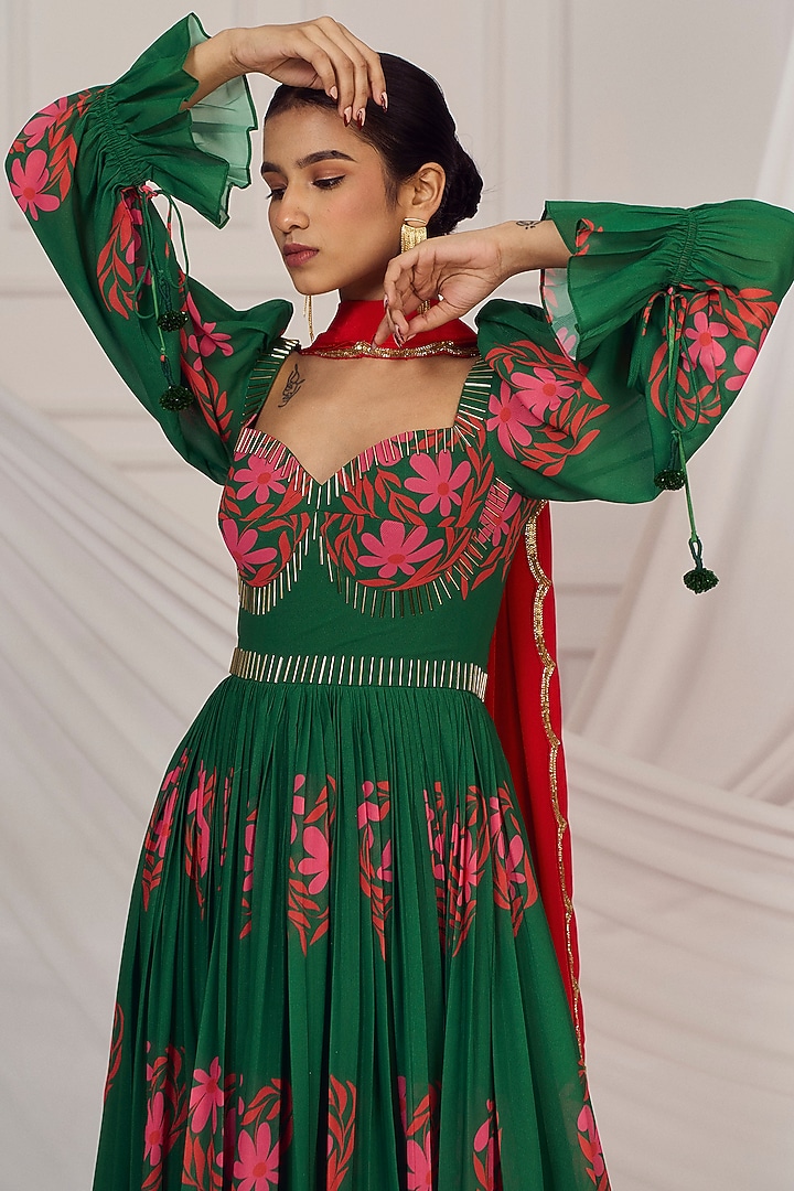 Dark Green Georgette Floral Printed & Salli Embroidered Wedding Anarkali Set by Harshita Singhvi at Pernia's Pop Up Shop
